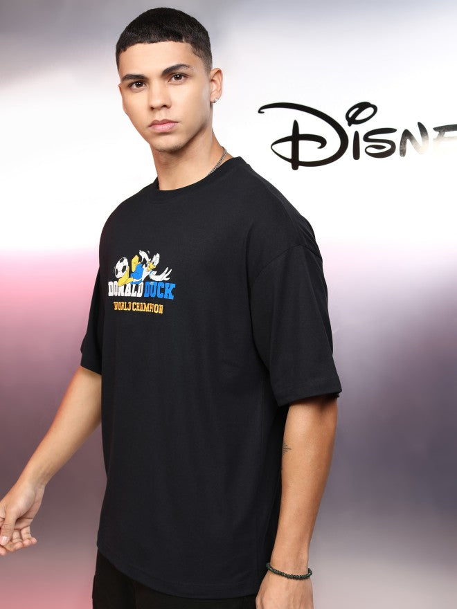 Disney By Highlander Men Black Donald Duck Printed Round Neck Oversized Fit T-Shirt - Black - Image 4