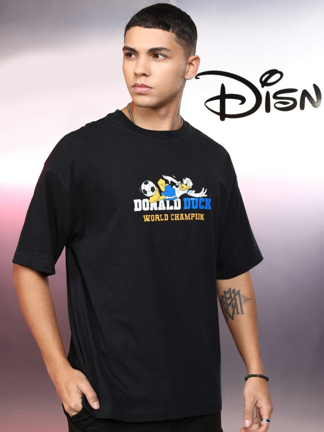 Disney By Highlander Men Black Donald Duck Printed Round Neck Oversized Fit T-Shirt - Black - Image 6