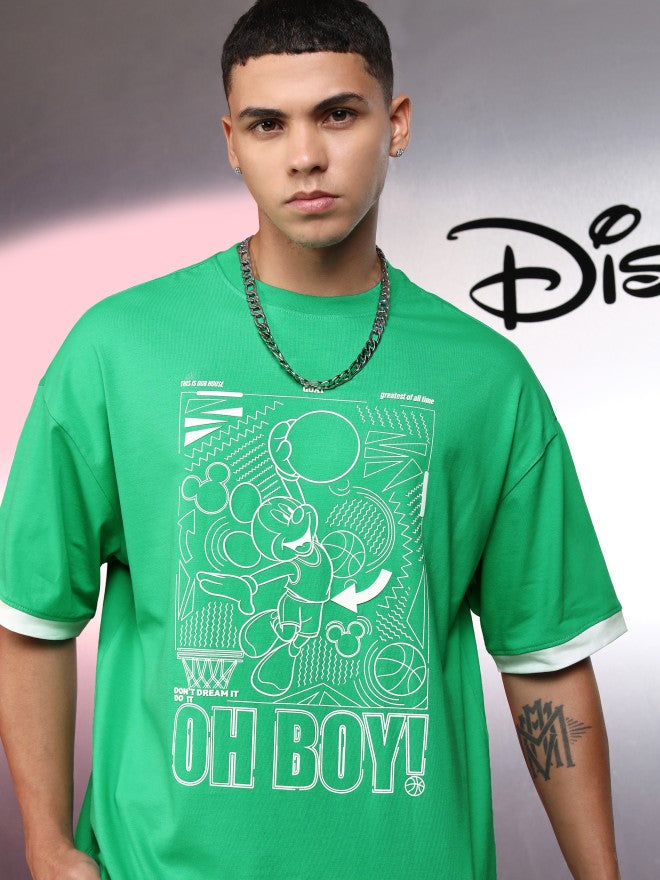 Disney By Highlander Men Green Mickey Mouse Printed Round Neck Oversized Fit T-Shirt - Green - Image 1