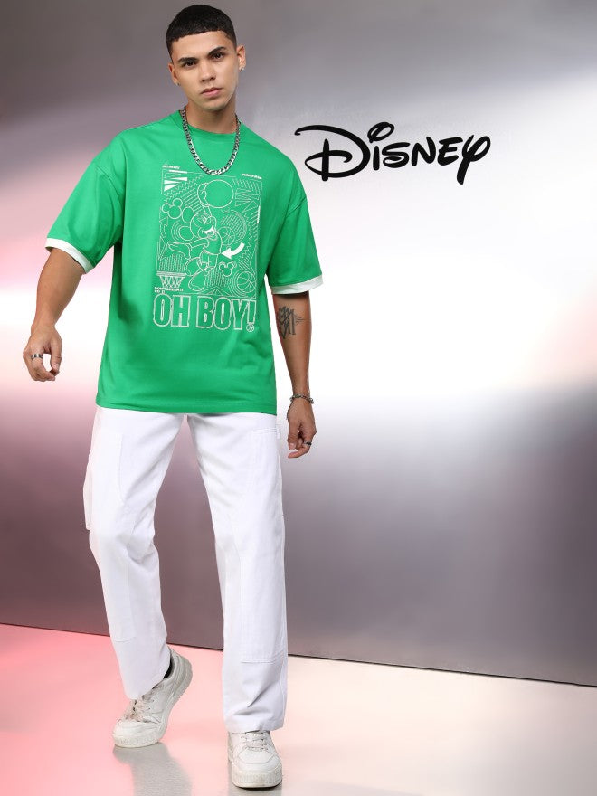 Disney By Highlander Men Green Mickey Mouse Printed Round Neck Oversized Fit T-Shirt - Green - Image 2