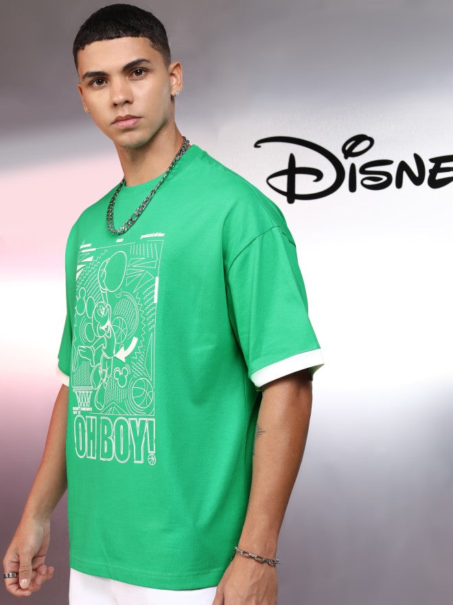 Disney By Highlander Men Green Mickey Mouse Printed Round Neck Oversized Fit T-Shirt - Green - Image 4