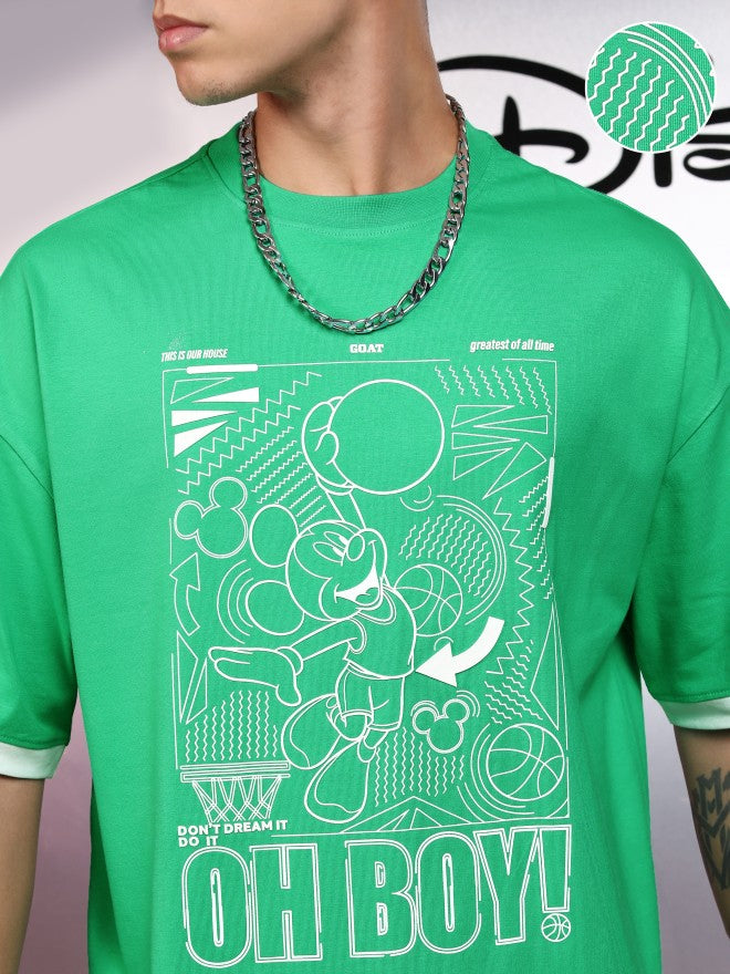 Disney By Highlander Men Green Mickey Mouse Printed Round Neck Oversized Fit T-Shirt - Green - Image 5