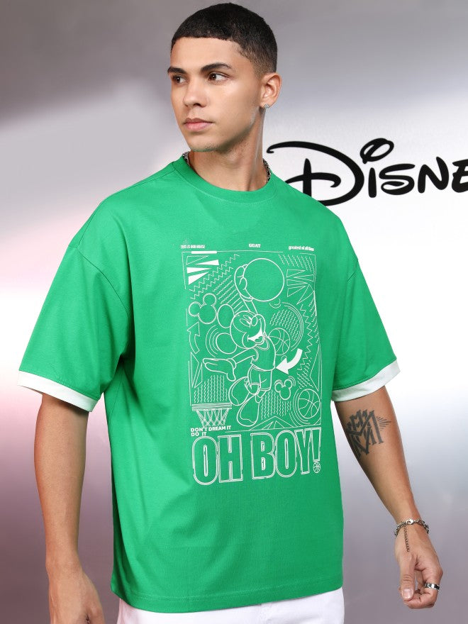 Disney By Highlander Men Green Mickey Mouse Printed Round Neck Oversized Fit T-Shirt - Green - Image 6
