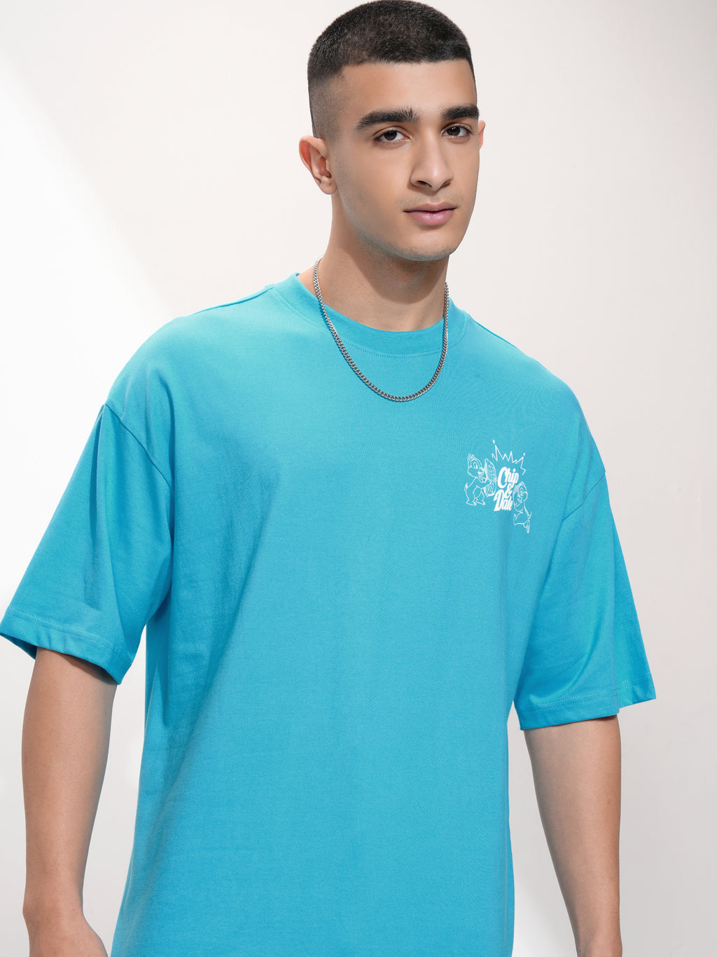 Disney By Highlander Men Turquoise Chip And Dale Printed Round Neck Oversized Fit T-Shirt - Turquoise - Image 1