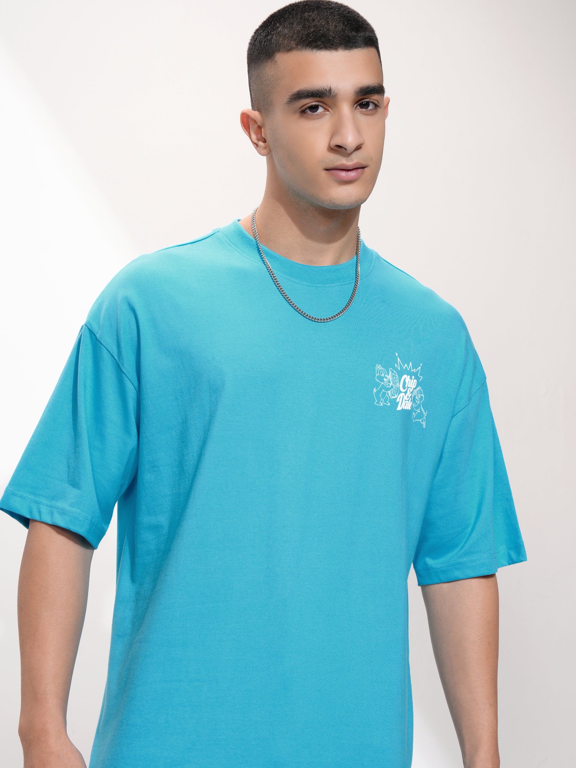 Disney By Highlander Men Turquoise Chip And Dale Printed Round Neck Oversized Fit T-Shirt - Turquoise - Image 1