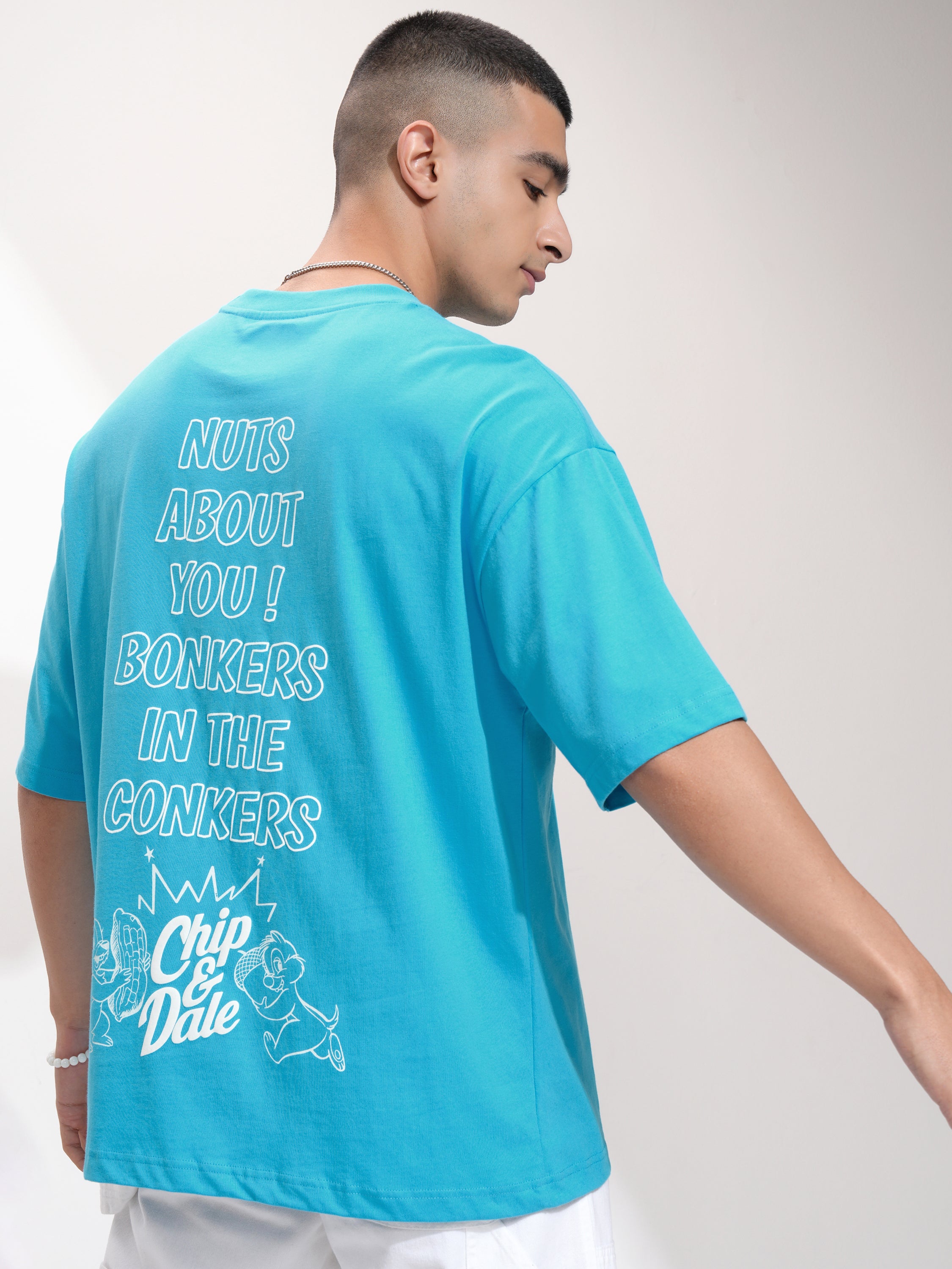 Disney By Highlander Men Turquoise Chip And Dale Printed Round Neck Oversized Fit T-Shirt - Turquoise - Image 3
