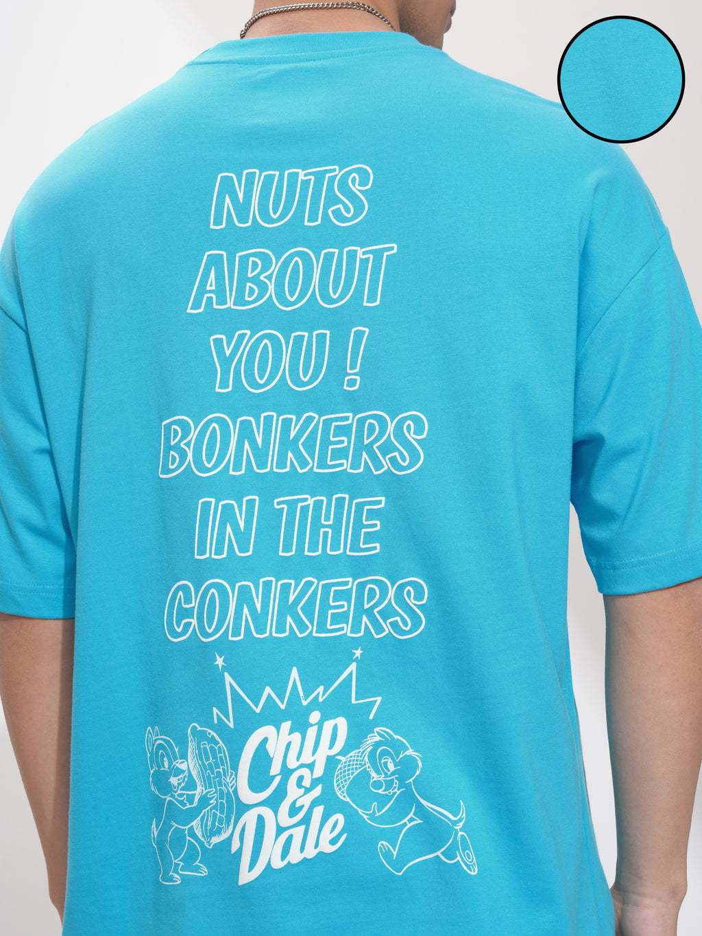 Disney By Highlander Men Turquoise Chip And Dale Printed Round Neck Oversized Fit T-Shirt - Turquoise - Image 5