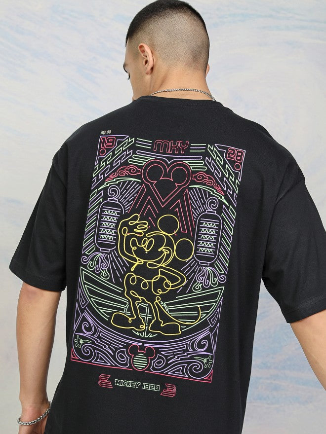 Disney By Highlander Men Black Mickey Mouse Printed Round Neck Oversized Fit T-Shirt - Black - Image 1