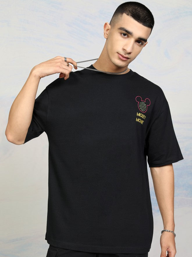 Disney By Highlander Men Black Mickey Mouse Printed Round Neck Oversized Fit T-Shirt - Black - Image 3