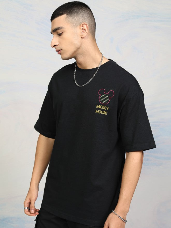 Disney By Highlander Men Black Mickey Mouse Printed Round Neck Oversized Fit T-Shirt - Black - Image 4