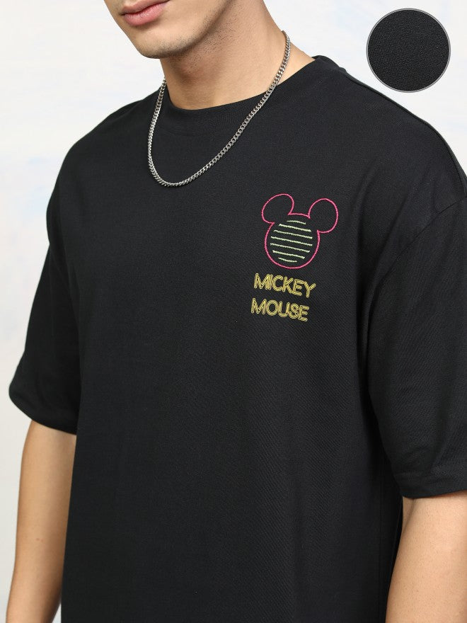 Disney By Highlander Men Black Mickey Mouse Printed Round Neck Oversized Fit T-Shirt - Black - Image 5
