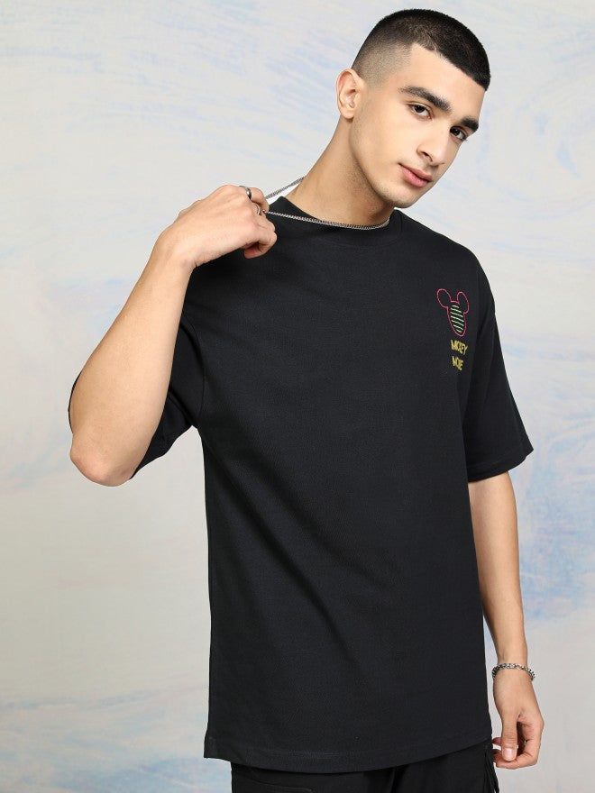 Disney By Highlander Men Black Mickey Mouse Printed Round Neck Oversized Fit T-Shirt - Black - Image 6