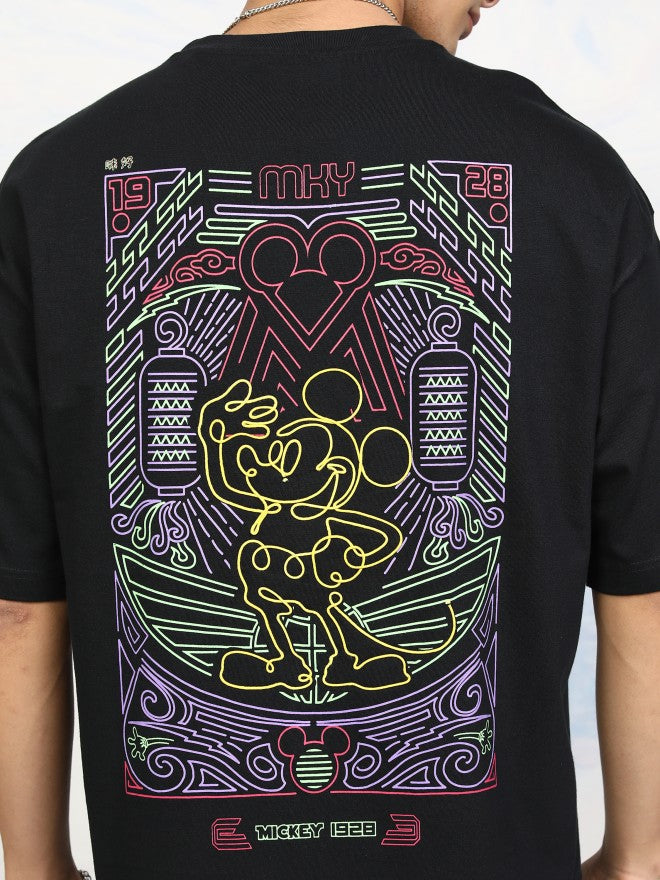 Disney By Highlander Men Black Mickey Mouse Printed Round Neck Oversized Fit T-Shirt - Black - Image 7