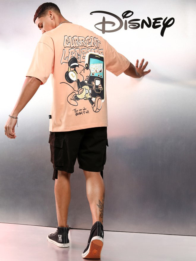 Disney By Highlander Men Peach Mickey Mouse Printed Round Neck Oversized Fit T-Shirt - Peach - Image 2
