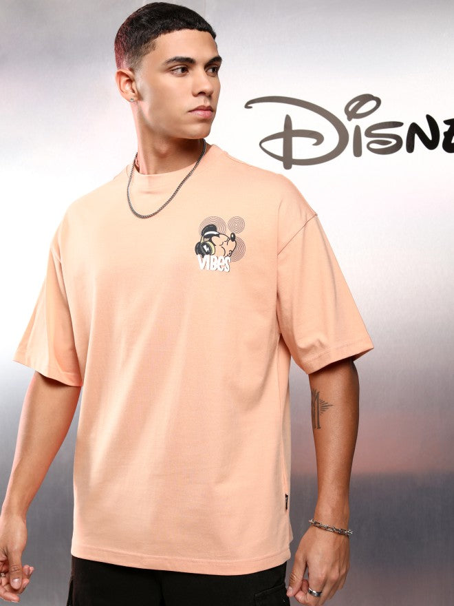 Disney By Highlander Men Peach Mickey Mouse Printed Round Neck Oversized Fit T-Shirt - Peach - Image 3