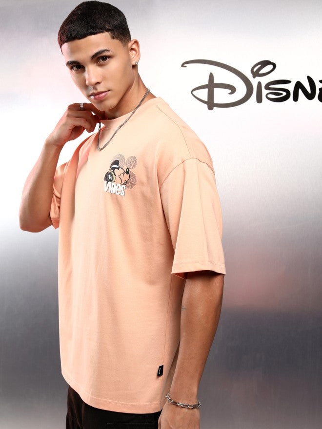 Disney By Highlander Men Peach Mickey Mouse Printed Round Neck Oversized Fit T-Shirt - Peach - Image 4