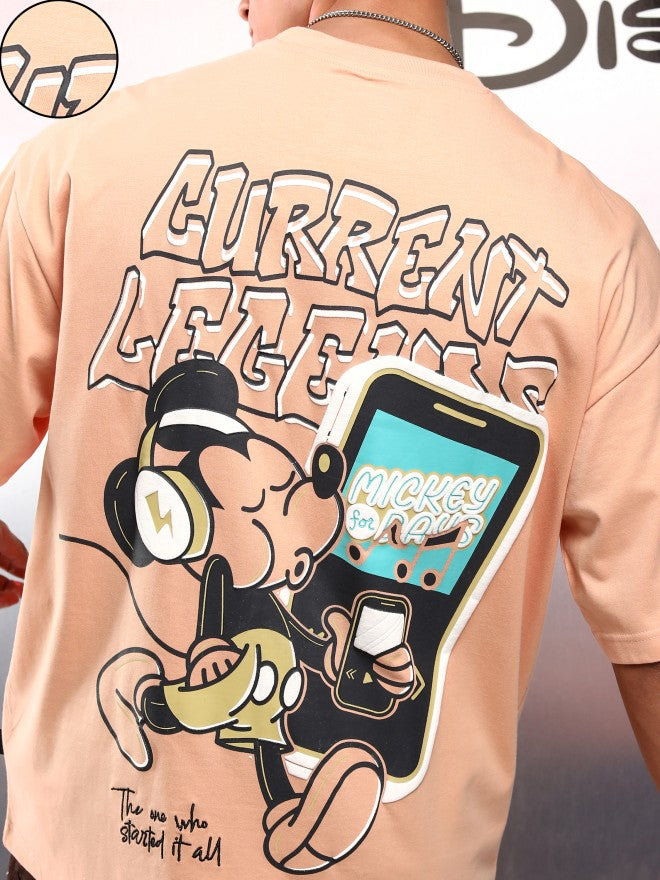 Disney By Highlander Men Peach Mickey Mouse Printed Round Neck Oversized Fit T-Shirt - Peach - Image 5