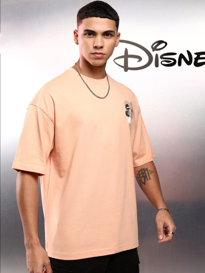 Disney By Highlander Men Peach Mickey Mouse Printed Round Neck Oversized Fit T-Shirt - Peach - Image 6