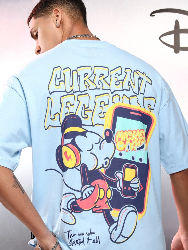 Disney By Highlander Men Blue Mickey Mouse Printed Round Neck Oversized Fit T-Shirt - Blue - Image 1