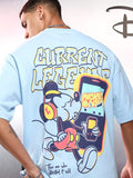 Disney By Highlander Men Blue Mickey Mouse Printed Round Neck Oversized Fit T-Shirt - Blue - Image 1