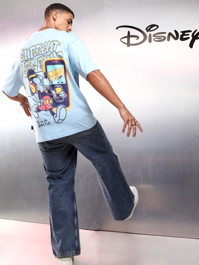 Disney By Highlander Men Blue Mickey Mouse Printed Round Neck Oversized Fit T-Shirt - Blue - Image 2