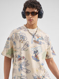 Disney By Highlander Men Beige Mickey Mouse Printed Round Neck Oversized Fit T-Shirt