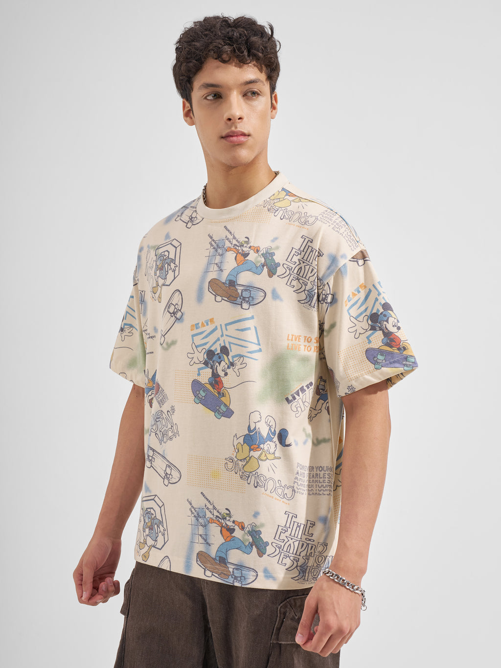 Disney By Highlander Men Beige Mickey Mouse Printed Round Neck Oversized Fit T-Shirt