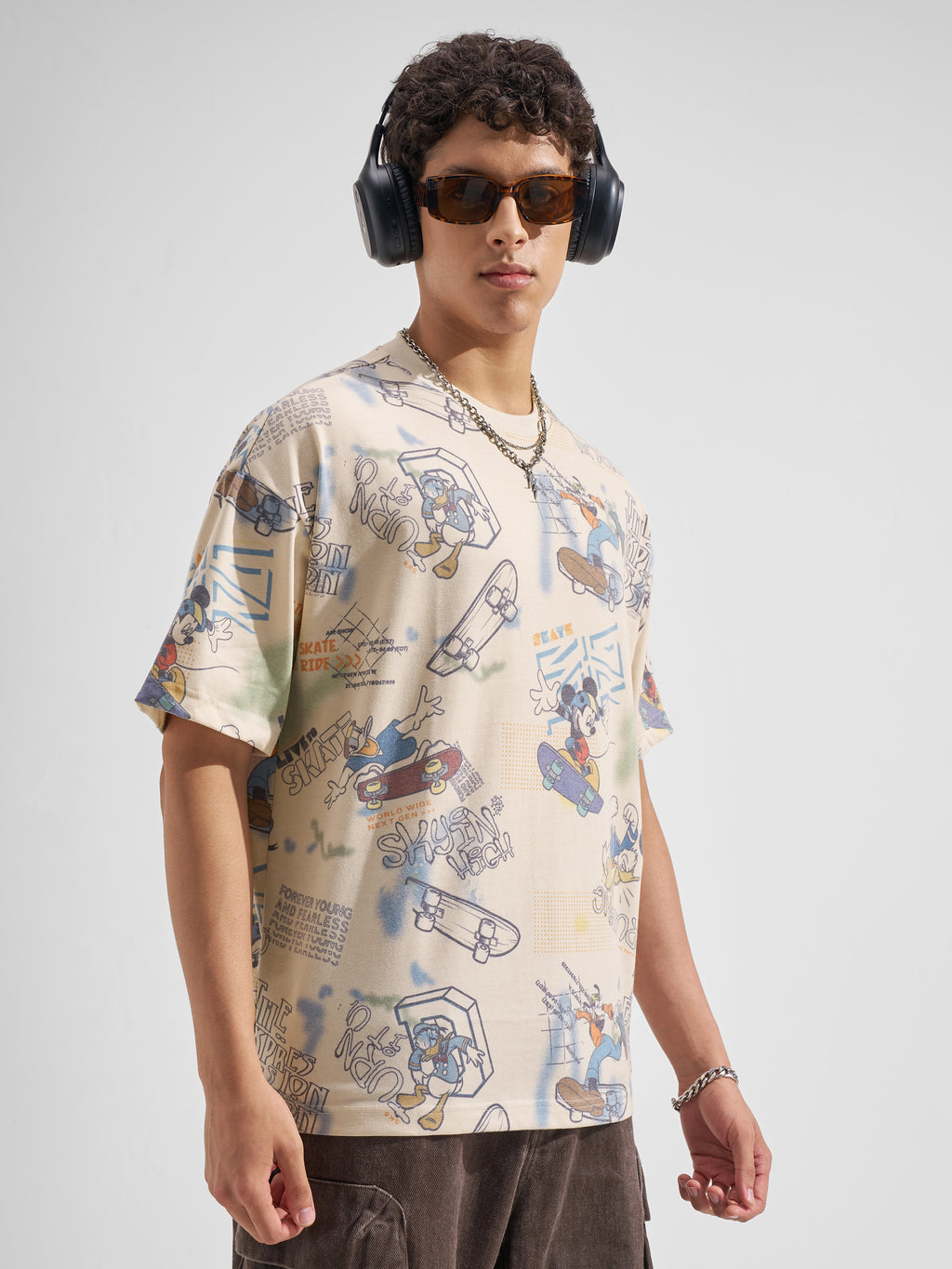 Disney By Highlander Men Beige Mickey Mouse Printed Round Neck Oversized Fit T-Shirt