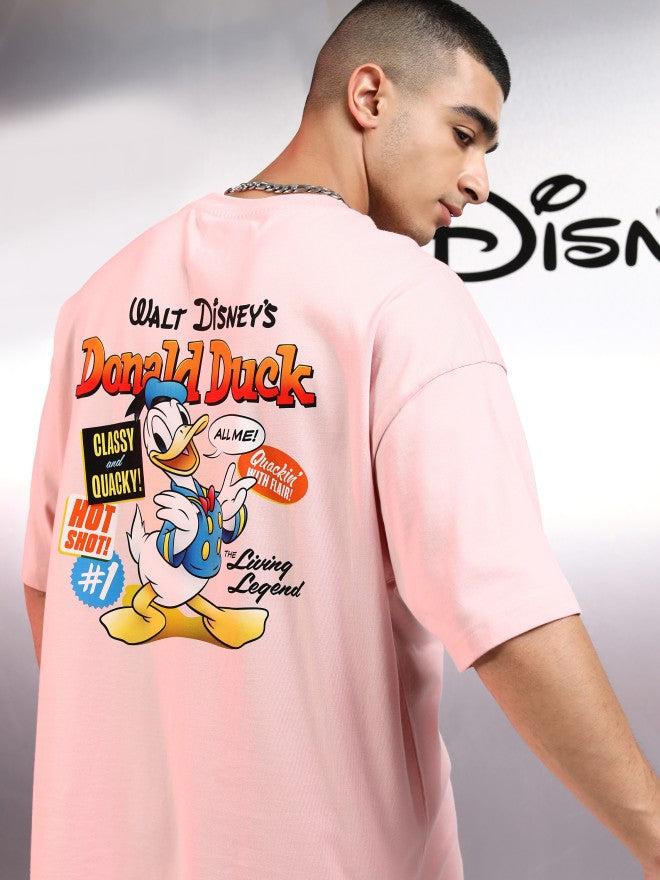 Disney By Highlander Men Pink Donald Duck Printed Round Neck Oversized Fit T-Shirt - Pink - Image 1