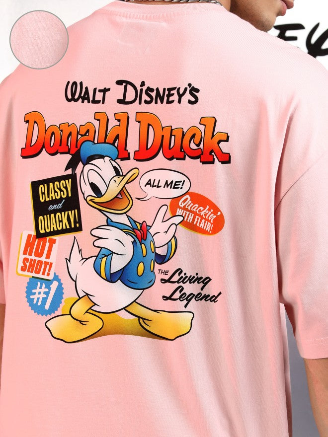 Disney By Highlander Men Pink Donald Duck Printed Round Neck Oversized Fit T-Shirt - Pink - Image 5