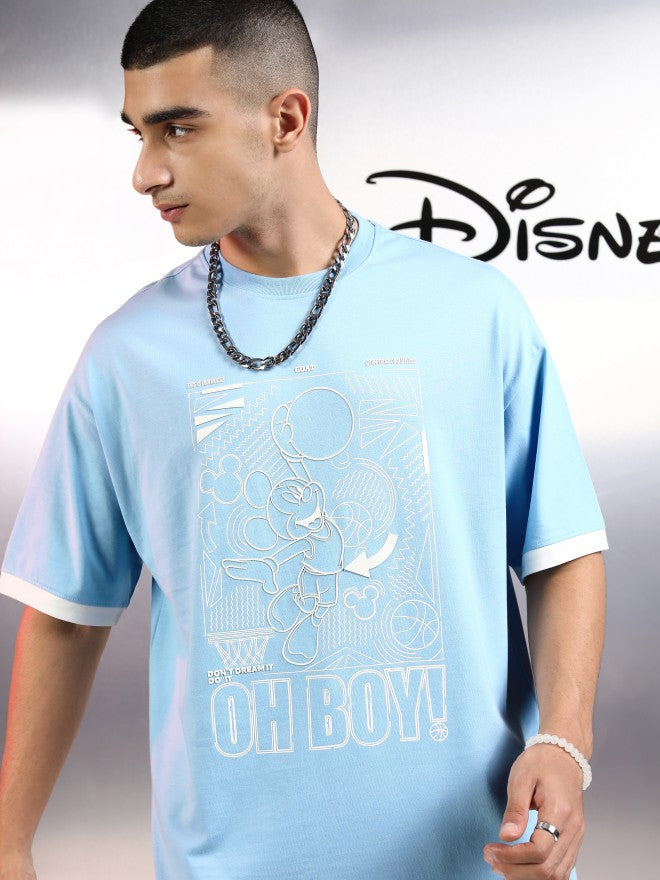 Disney By Highlander Men Blue Mickey Mouse Printed Round Neck Oversized Fit T-Shirt - Blue - Image 1