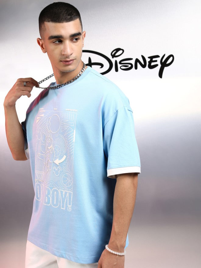 Disney By Highlander Men Blue Mickey Mouse Printed Round Neck Oversized Fit T-Shirt - Blue - Image 4