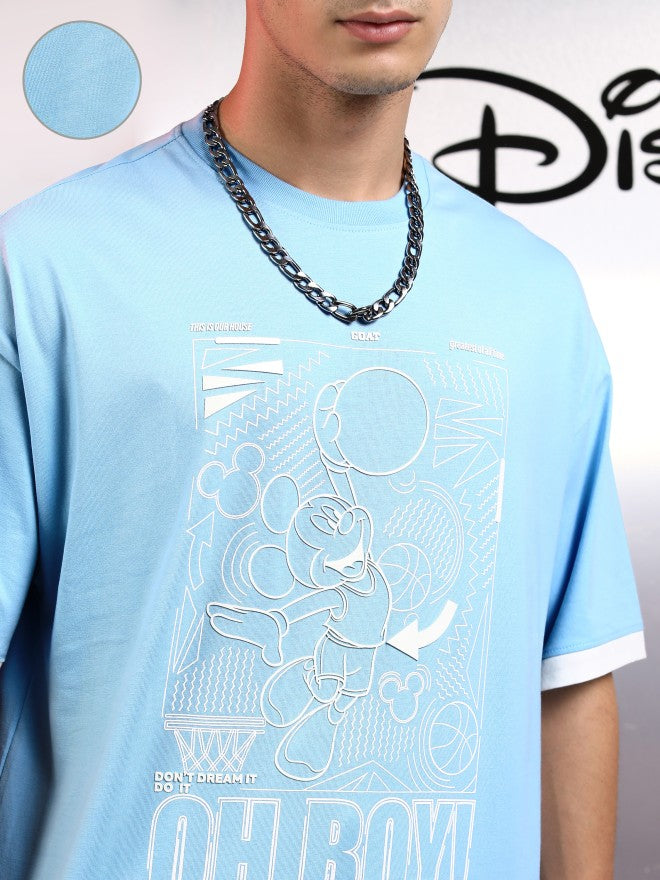 Disney By Highlander Men Blue Mickey Mouse Printed Round Neck Oversized Fit T-Shirt - Blue - Image 5