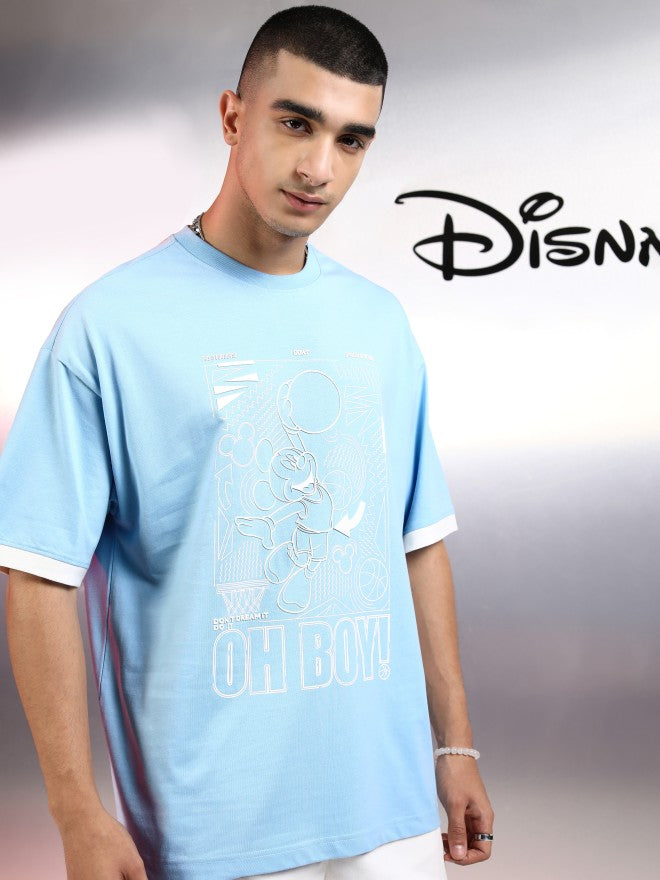Disney By Highlander Men Blue Mickey Mouse Printed Round Neck Oversized Fit T-Shirt - Blue - Image 6