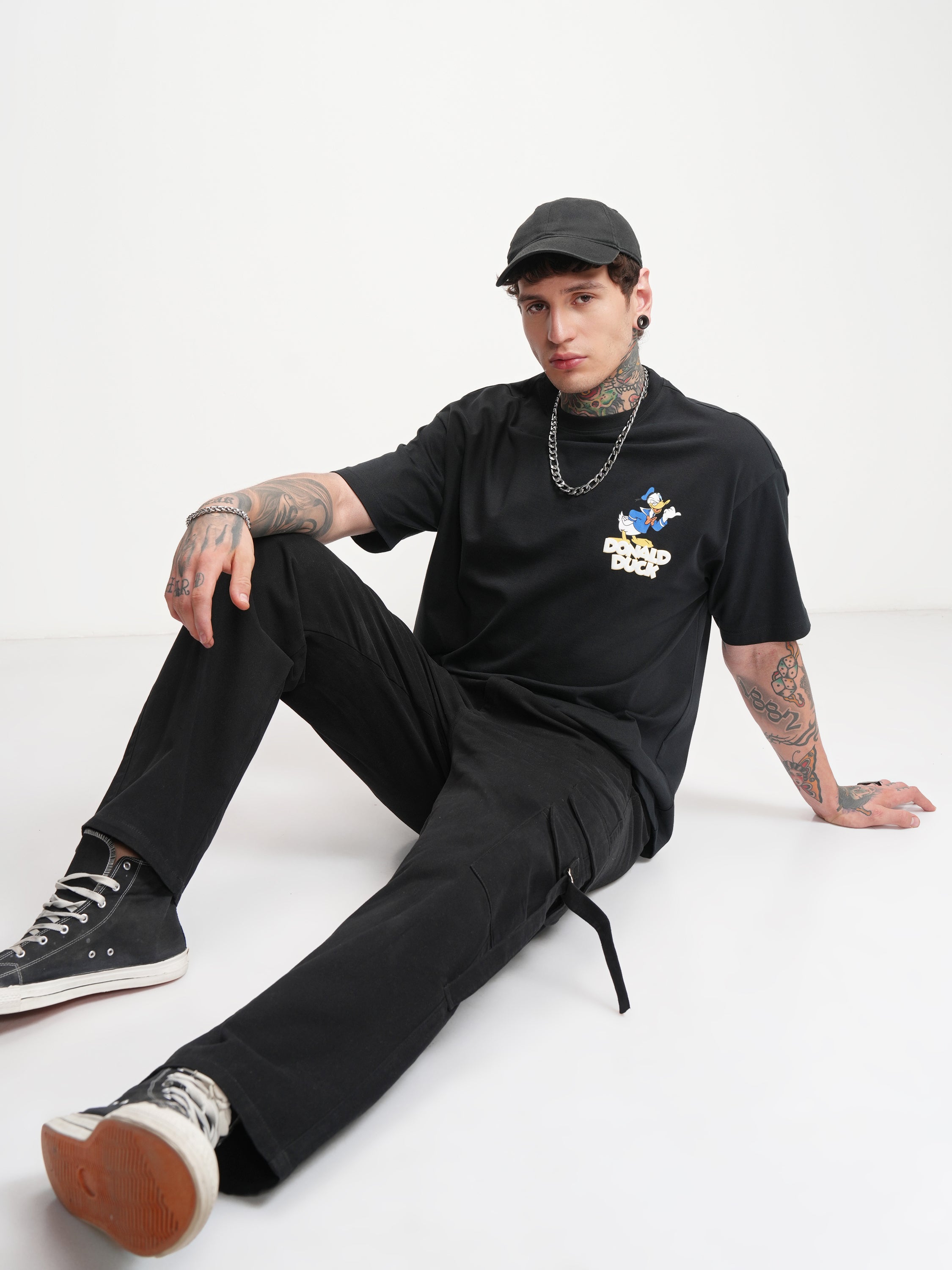 Disney By Highlander Men Black Doanld Duck Printed Round Neck Oversized Fit T-Shirt - Black - Image 2