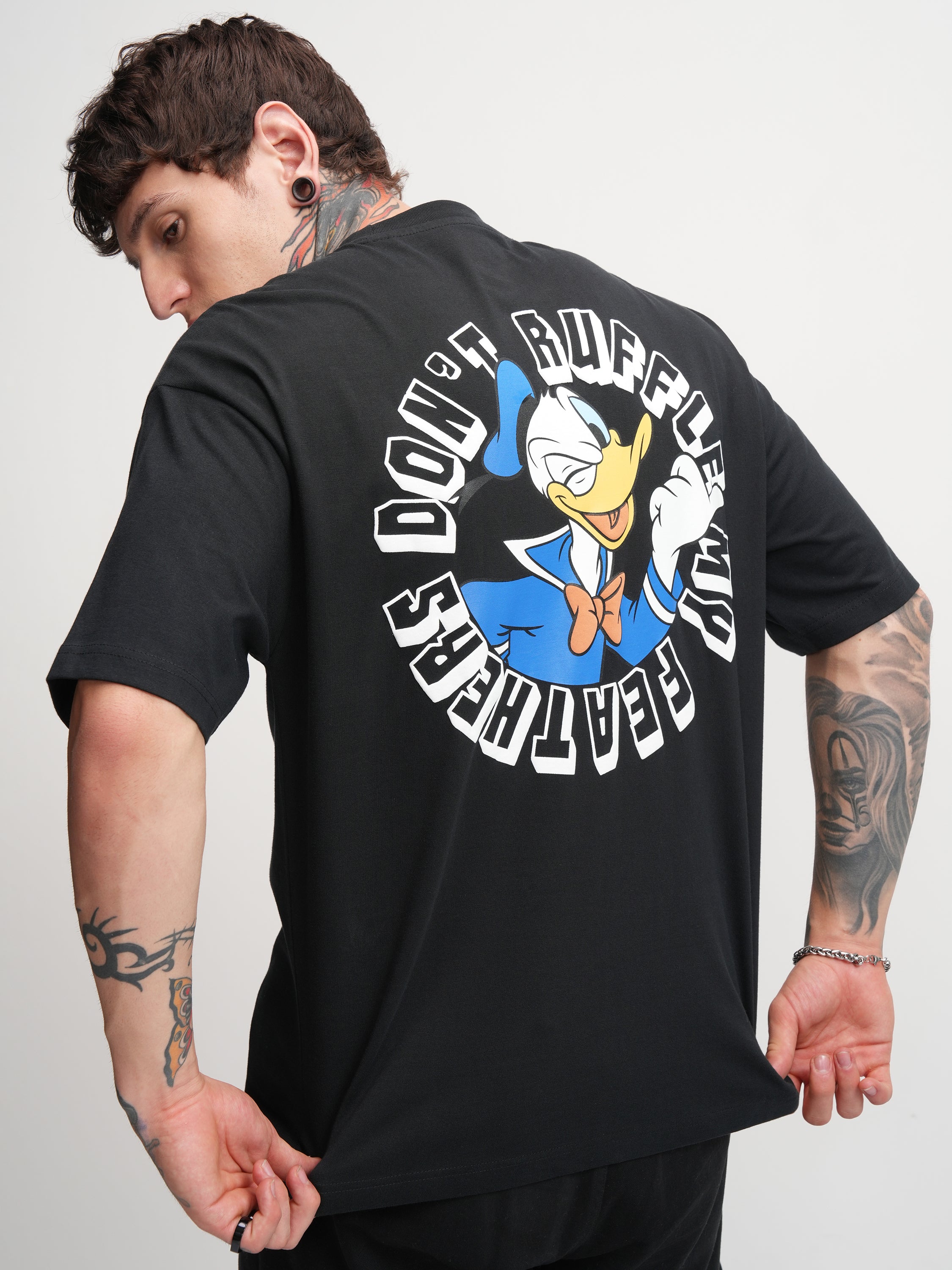 Disney By Highlander Men Black Doanld Duck Printed Round Neck Oversized Fit T-Shirt - Black - Image 3