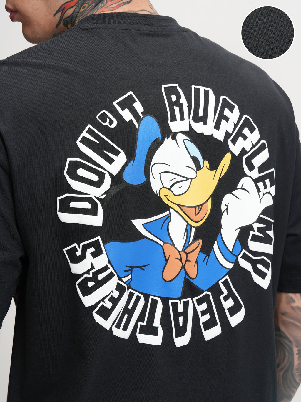Disney By Highlander Men Black Doanld Duck Printed Round Neck Oversized Fit T-Shirt - Black - Image 5