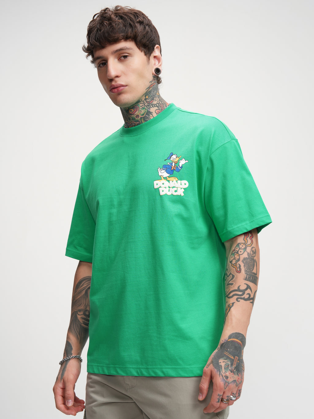 Donald Duck Men Printed Round Neck Oversized Fit T-Shirt - Green - Image 4