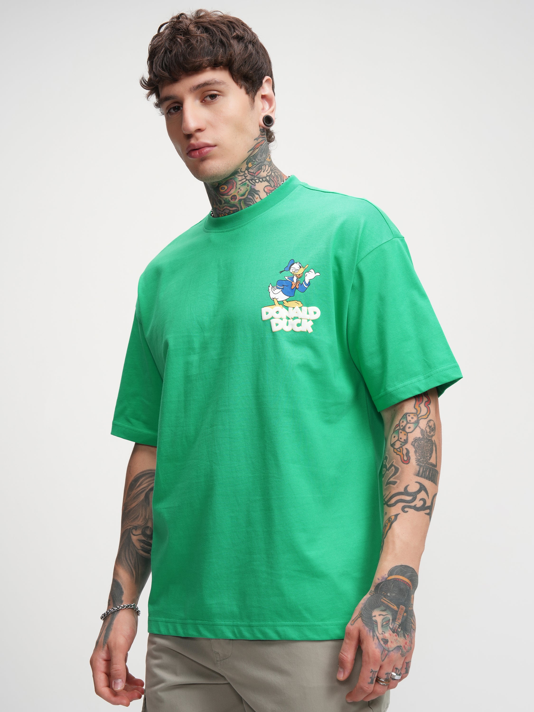 Donald Duck Men Printed Round Neck Oversized Fit T-Shirt - Green - Image 4