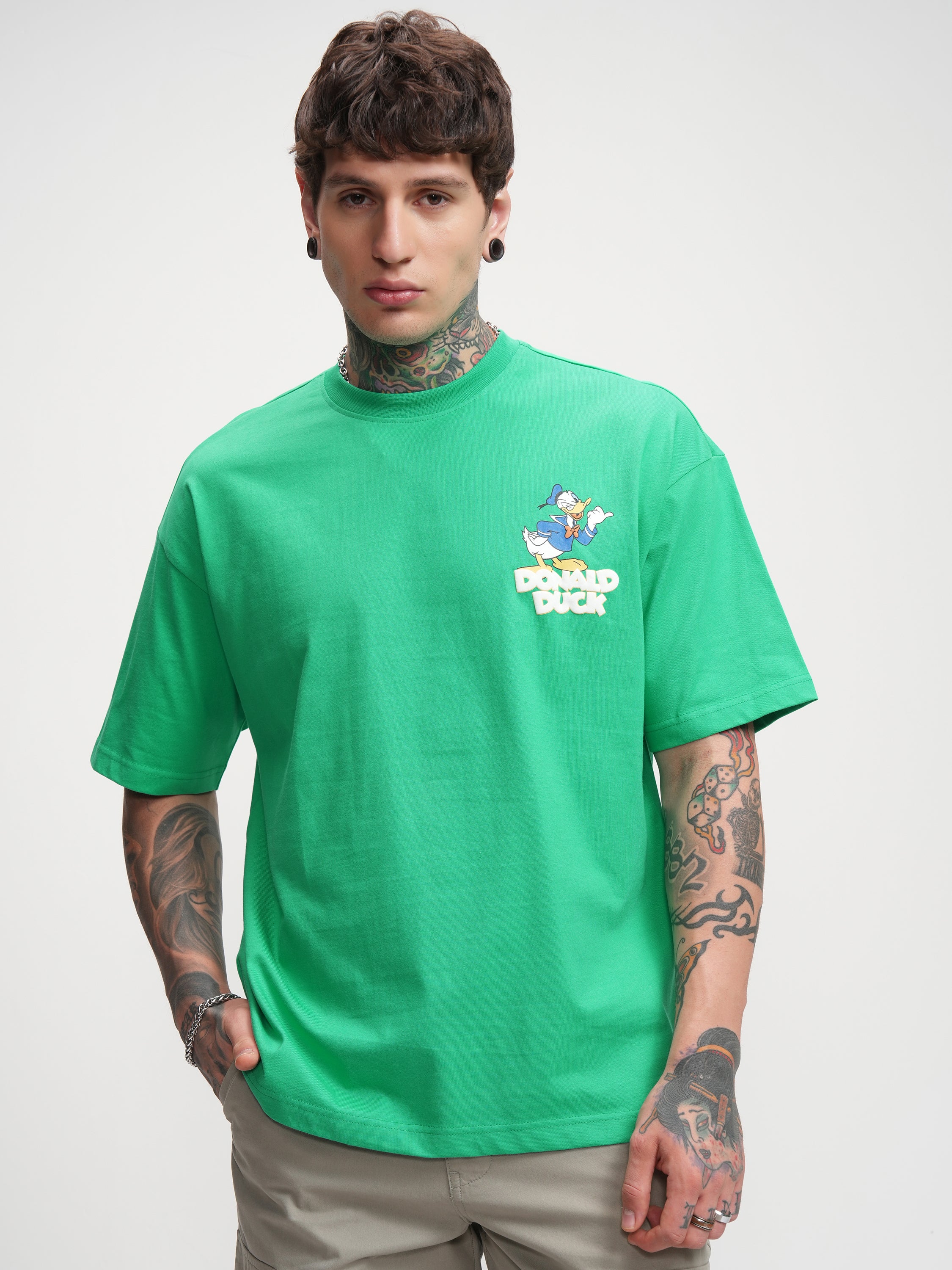 Donald Duck Men Printed Round Neck Oversized Fit T-Shirt - Green - Image 6