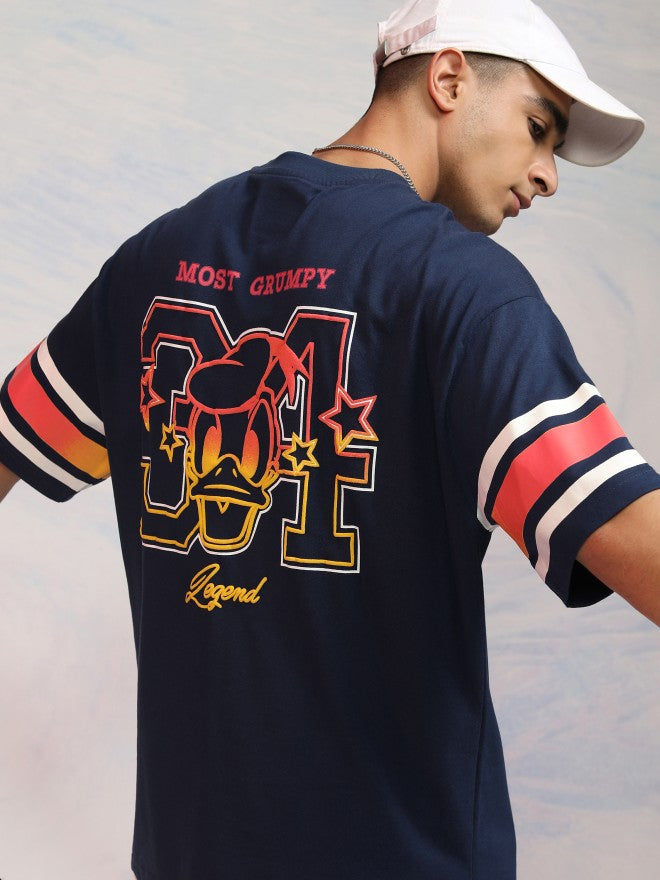 Disney By Highlander Men Navy Blue Donald Duck Printed Round Neck Oversized Fit T-Shirt - Navy Blue - Image 1