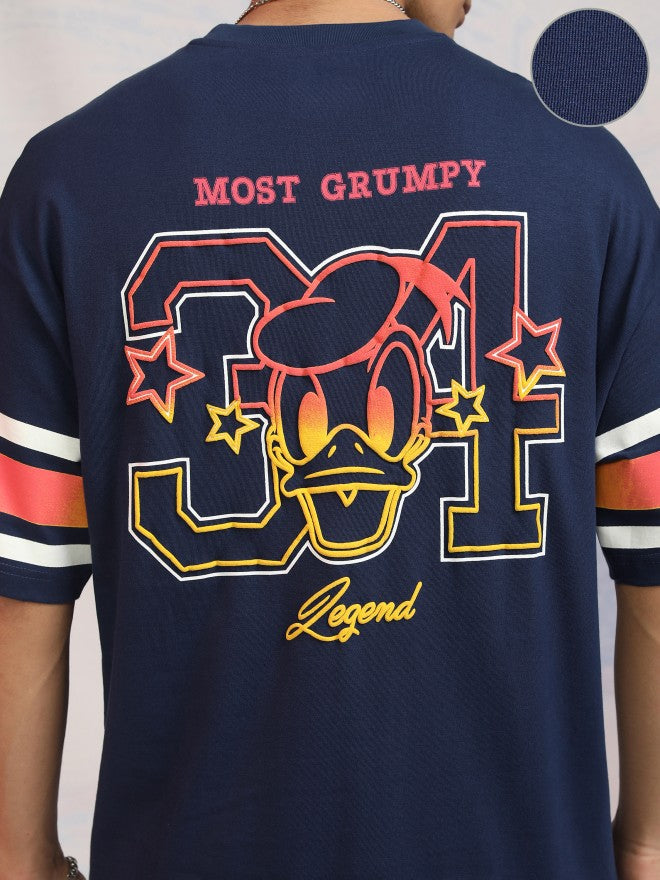 Disney By Highlander Men Navy Blue Donald Duck Printed Round Neck Oversized Fit T-Shirt - Navy Blue - Image 5