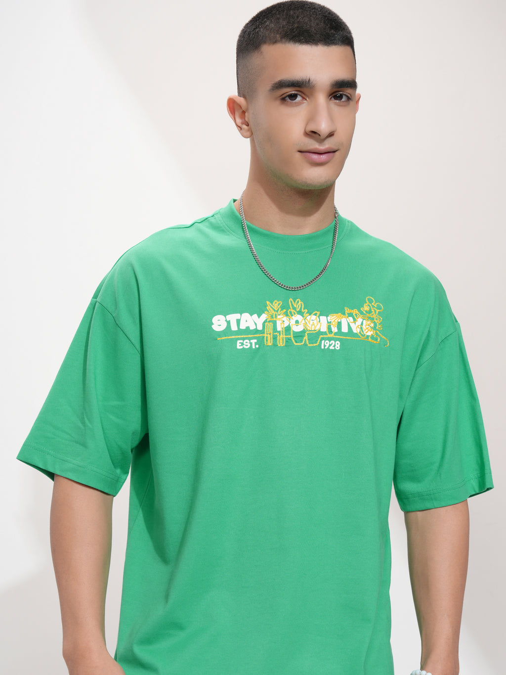 Disney By Highlander Men Green Mickey Mouse Printed Round Neck Oversized Fit T-Shirt - Green - Image 1
