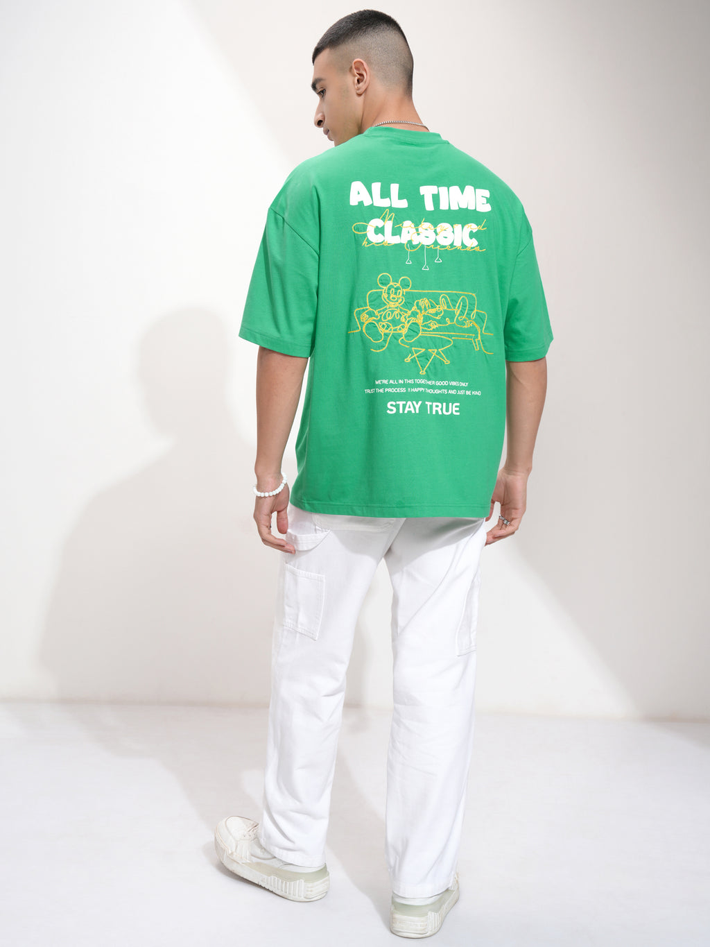 Disney By Highlander Men Green Mickey Mouse Printed Round Neck Oversized Fit T-Shirt - Green - Image 2
