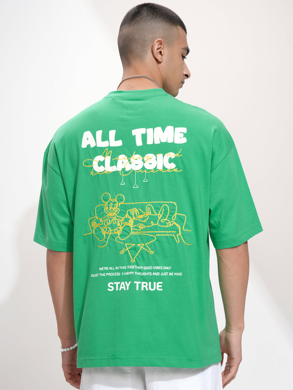 Disney By Highlander Men Green Mickey Mouse Printed Round Neck Oversized Fit T-Shirt - Green - Image 3