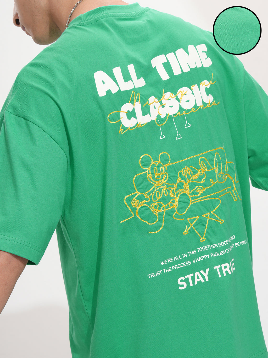 Disney By Highlander Men Green Mickey Mouse Printed Round Neck Oversized Fit T-Shirt - Green - Image 5