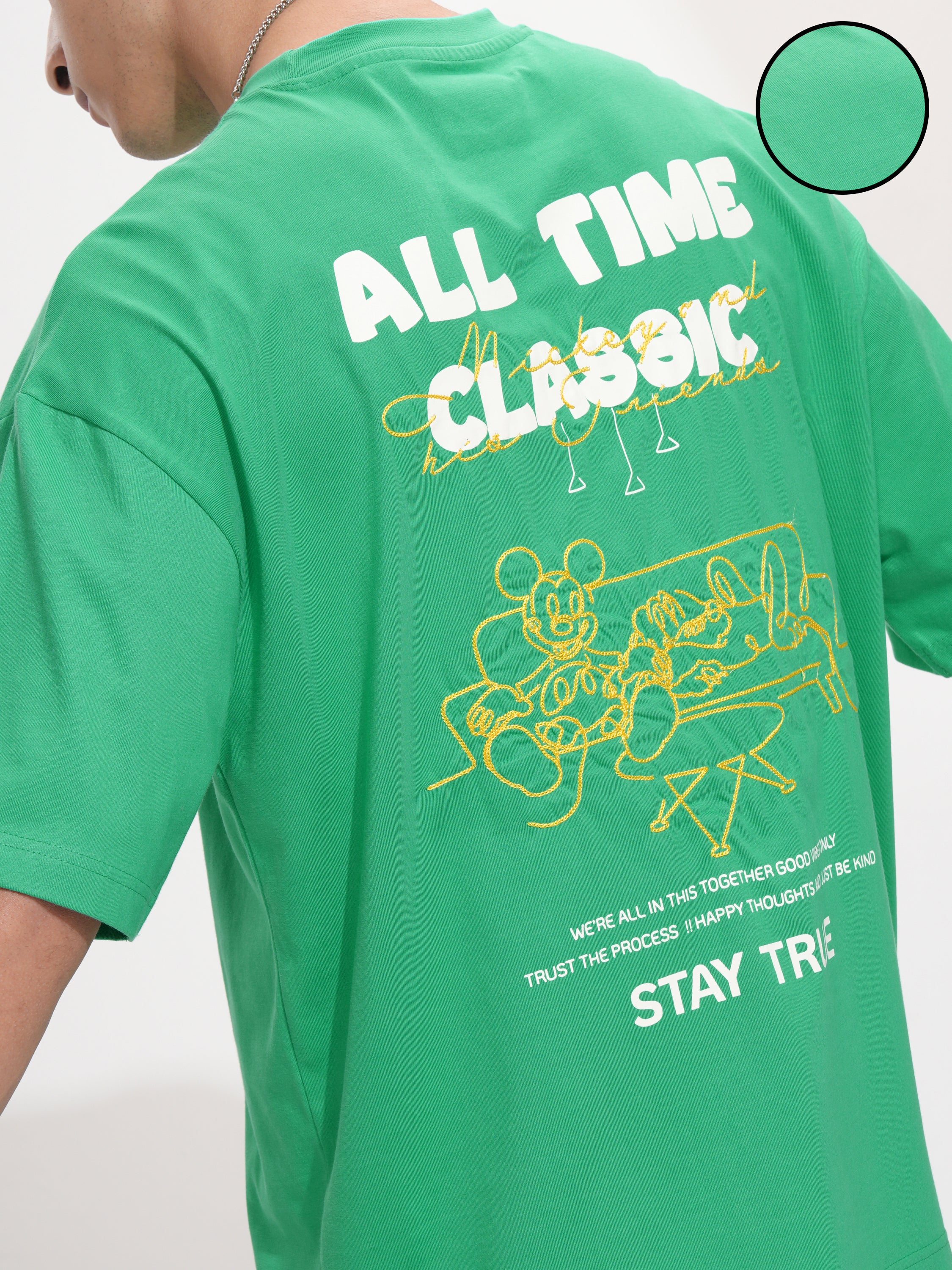 Disney By Highlander Men Green Mickey Mouse Printed Round Neck Oversized Fit T-Shirt - Green - Image 5