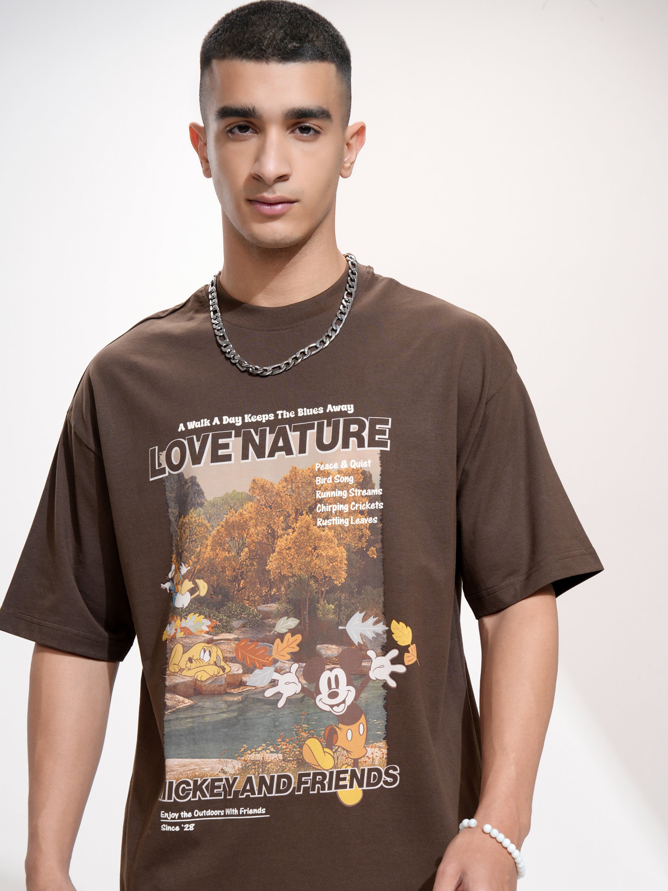 Disney By Highlander Men Brown Mickey And Friends Printed Round Neck Oversized Fit T-Shirt - Brown - Image 1