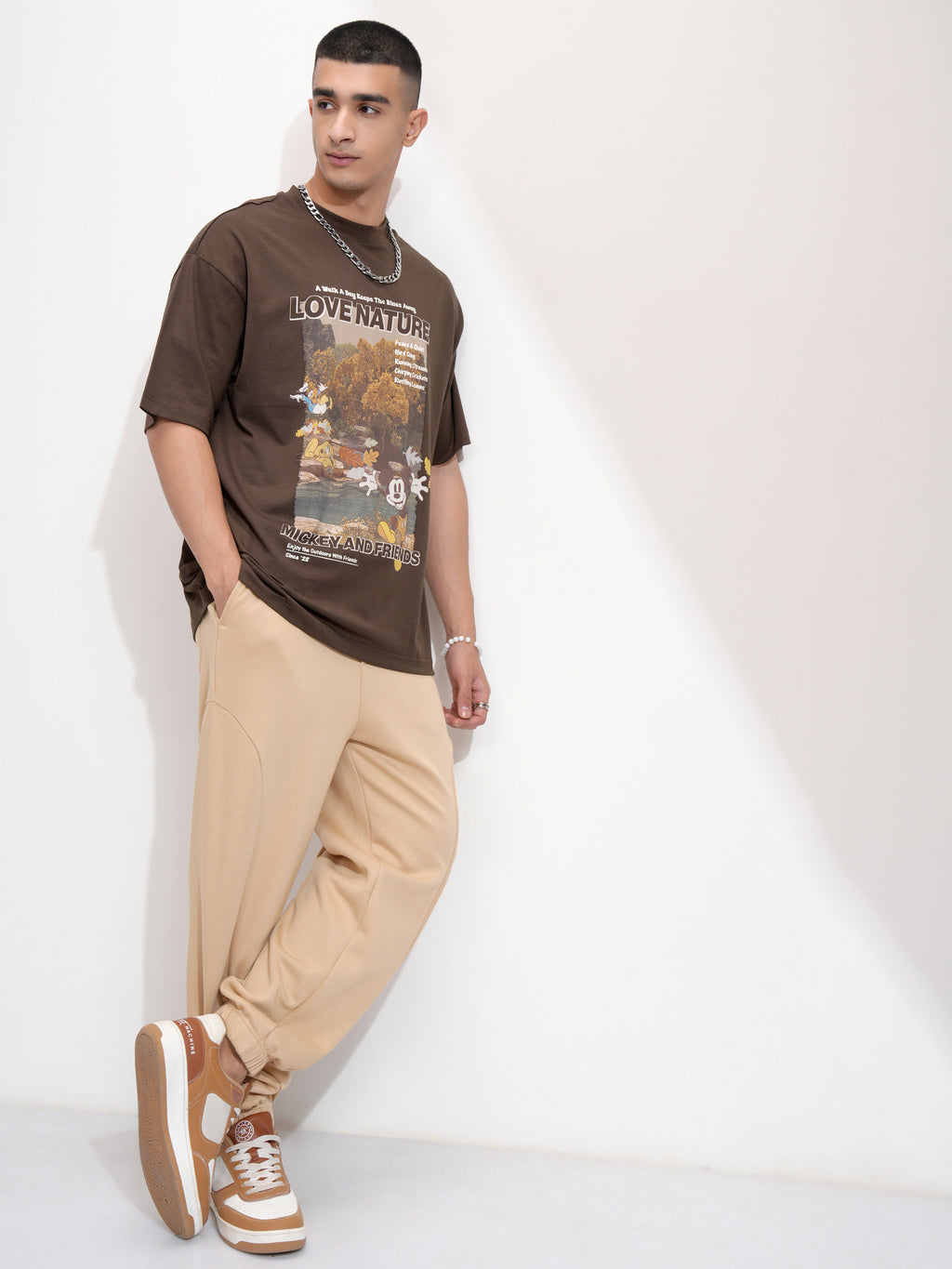Disney By Highlander Men Brown Mickey And Friends Printed Round Neck Oversized Fit T-Shirt - Brown - Image 2