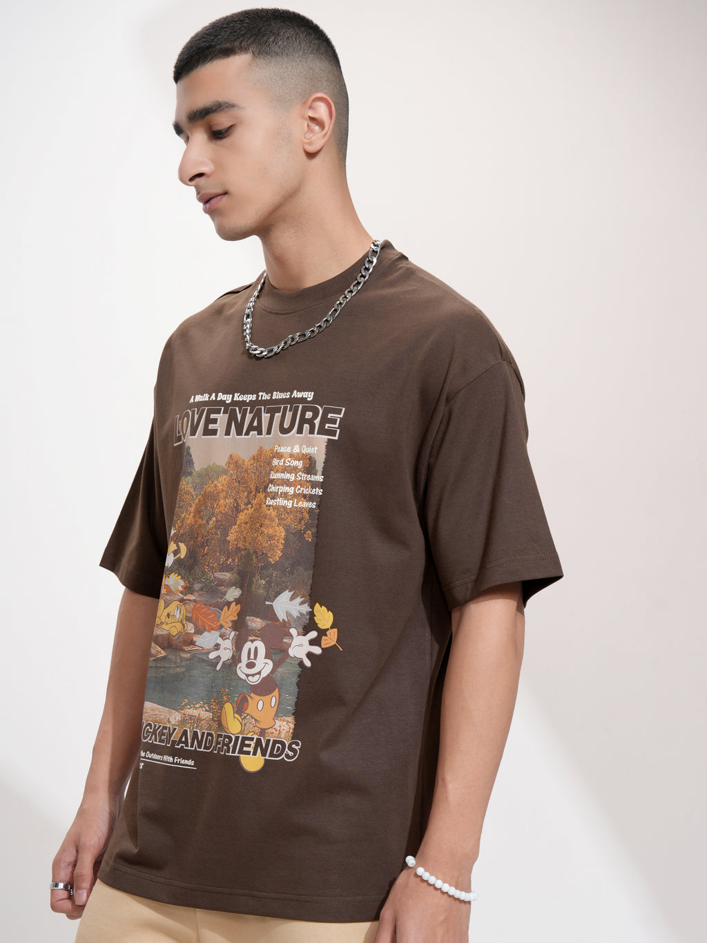 Disney By Highlander Men Brown Mickey And Friends Printed Round Neck Oversized Fit T-Shirt - Brown - Image 4
